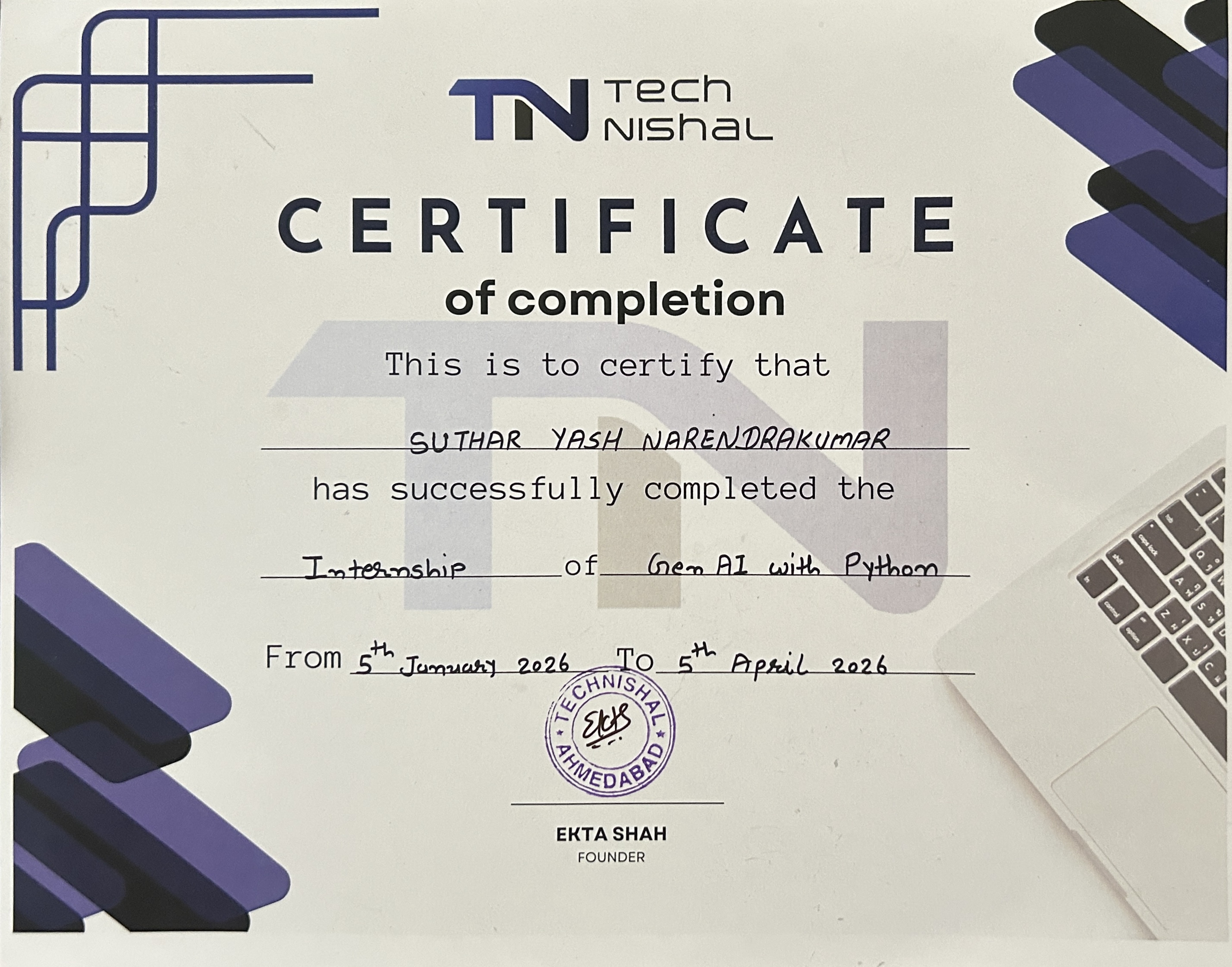 GenAI with Python Certificate - Yash Suthar